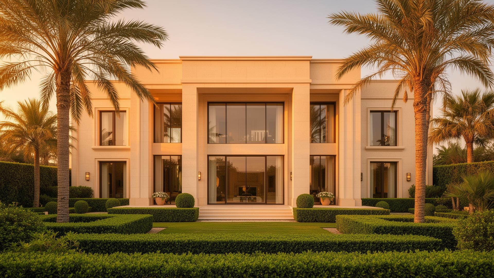 Luxury villa exterior in soft daylight